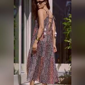 Anthropologie XS Shirred A-Line Tiered Dress Tassel Lightweight Maxi summer